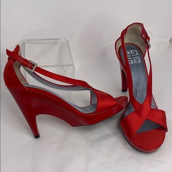 Givenchy Sz 39 Red Satin High Heel Wedge Sandals - Picture 1 of 13
